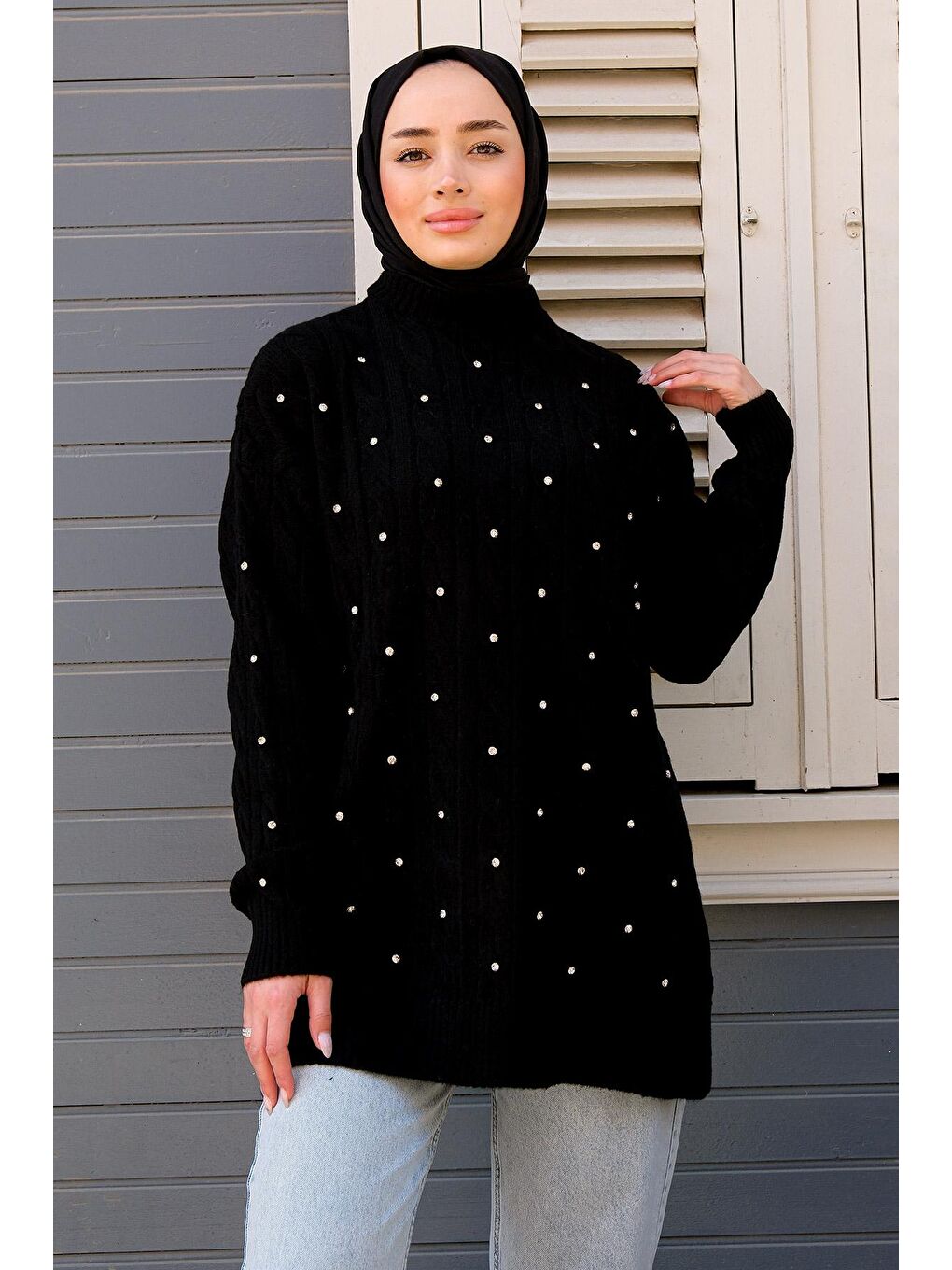Kadın Taş Detaylı Tesettür Triko Kazak Siyah-1