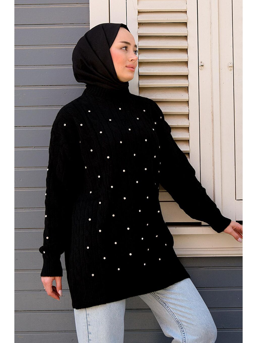 Kadın Taş Detaylı Tesettür Triko Kazak Siyah-2