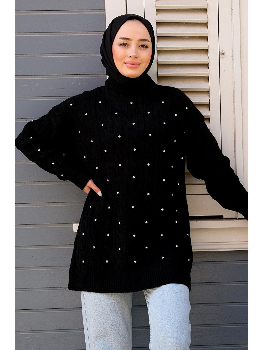 Kadın Taş Detaylı Tesettür Triko Kazak Siyah-3