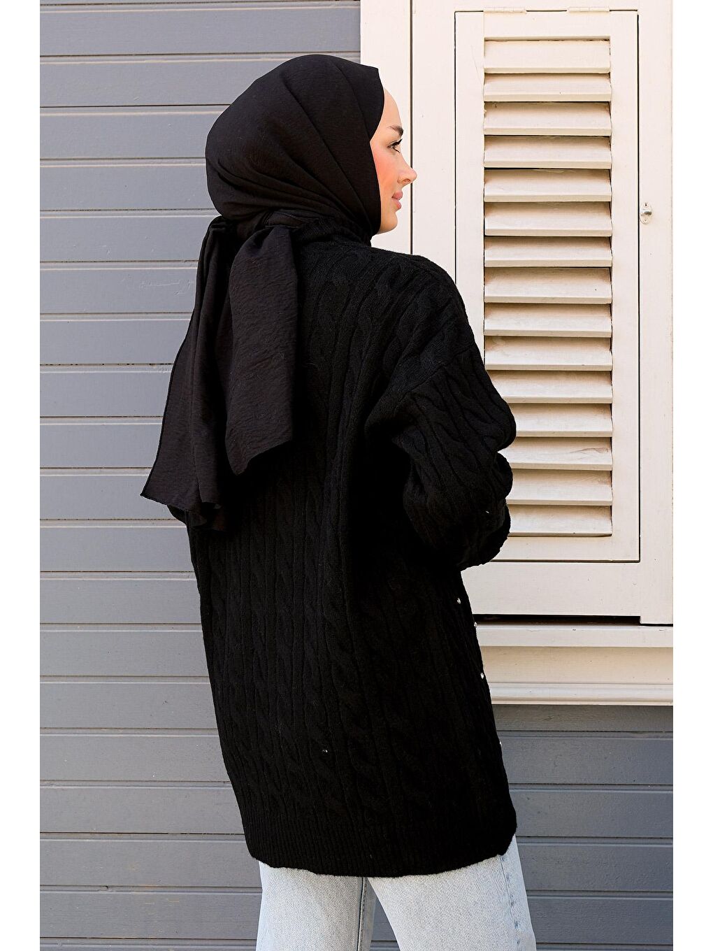 Kadın Taş Detaylı Tesettür Triko Kazak Siyah-4