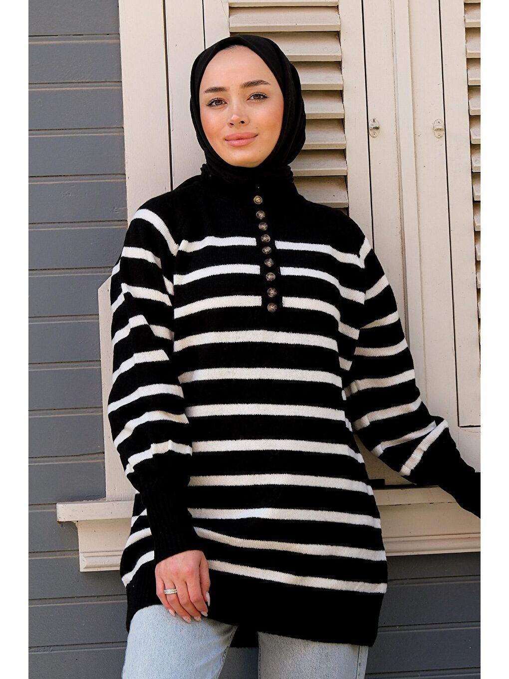 Kadın Çizgili Triko Tesettür Kazak Siyah