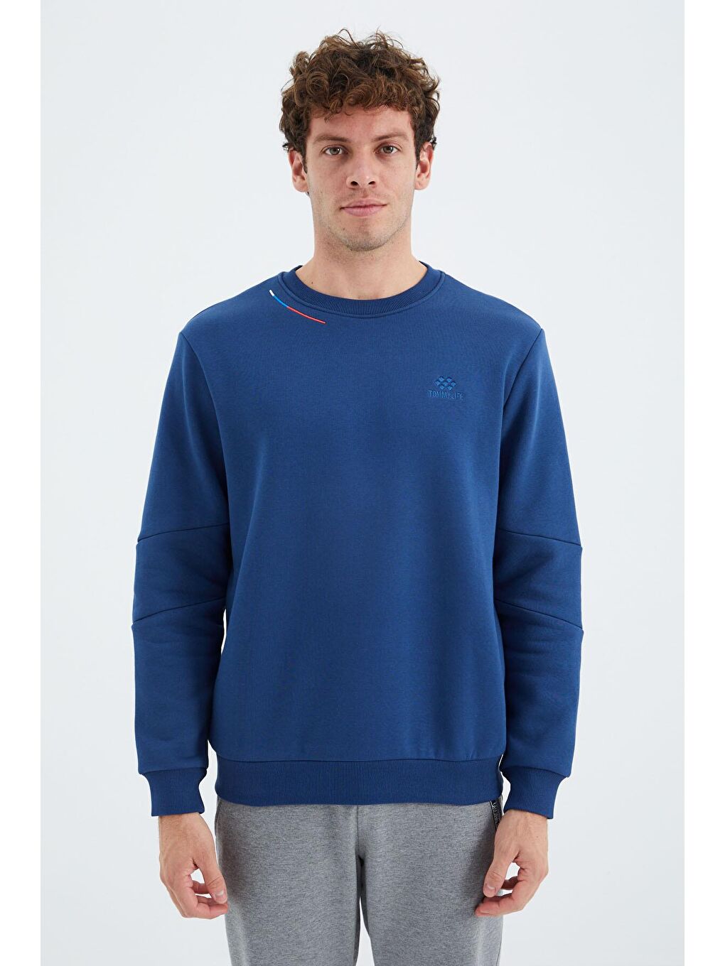 TOMMYLIFE Lacivert Parlıament Bisiklet Yaka Kol Şerit Detaylı Basic Rahat Kalıp Erkek Sweatshirt - 88293