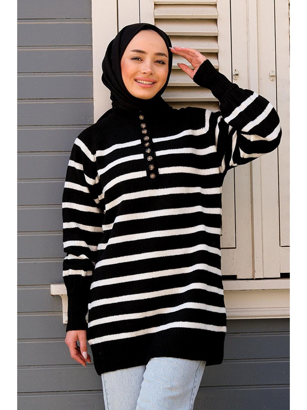 Kadın Çizgili Triko Tesettür Kazak Siyah-2
