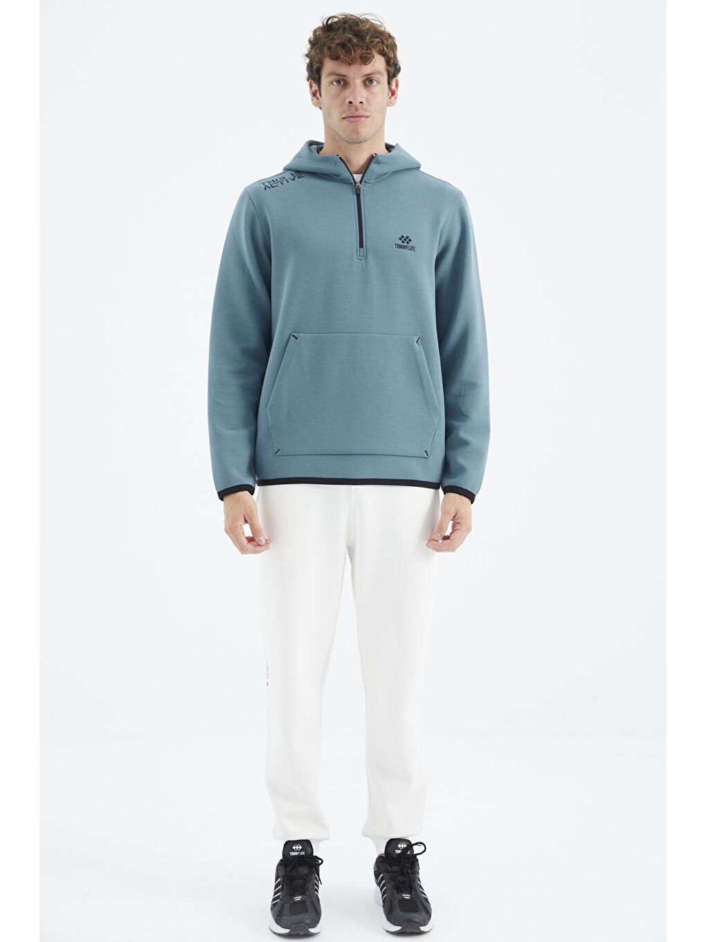 Orman Yeşili Kapüşonlu Yarım Fermuarlı Cep Detaylı Rahat Kalıp Erkek Sweatshirt - 88281