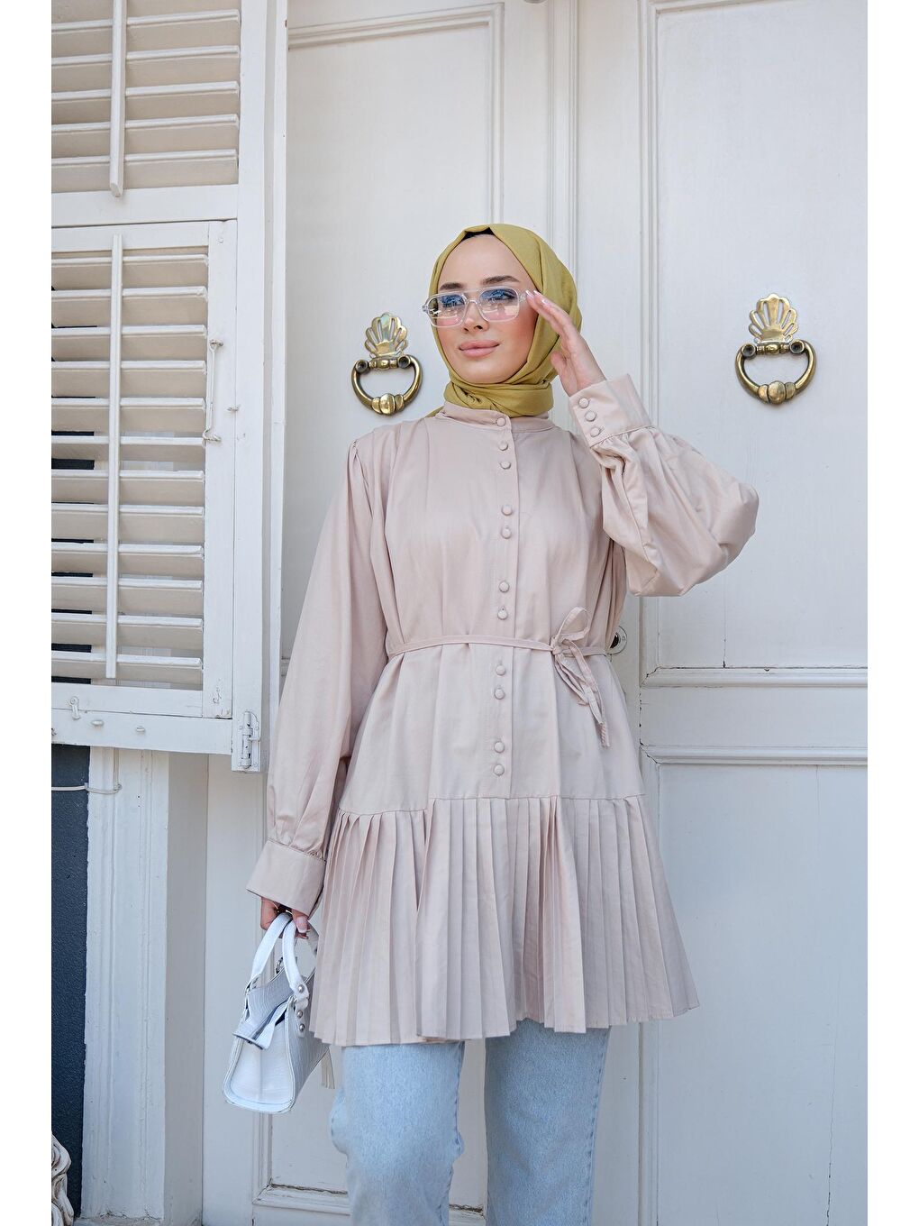 Ekru Kadın Piliseli Tesettür Gömlek Krem