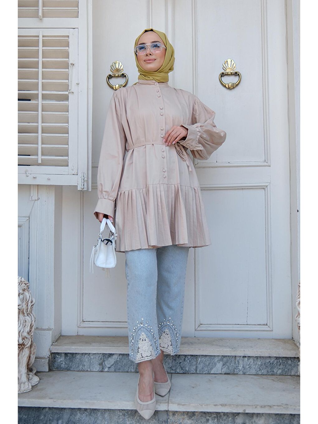 Ekru Kadın Piliseli Tesettür Gömlek Krem-1