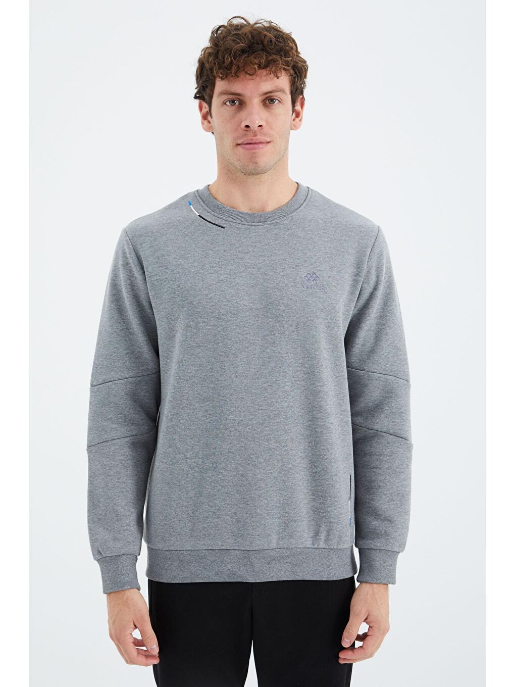 TOMMYLIFE Gri Melanj Bisiklet Yaka Kol Şerit Detaylı Basic Rahat Kalıp Erkek Sweatshirt - 88293