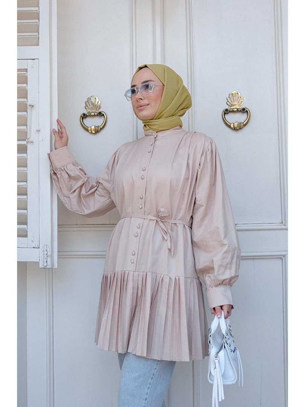 Ekru Kadın Piliseli Tesettür Gömlek Krem-2