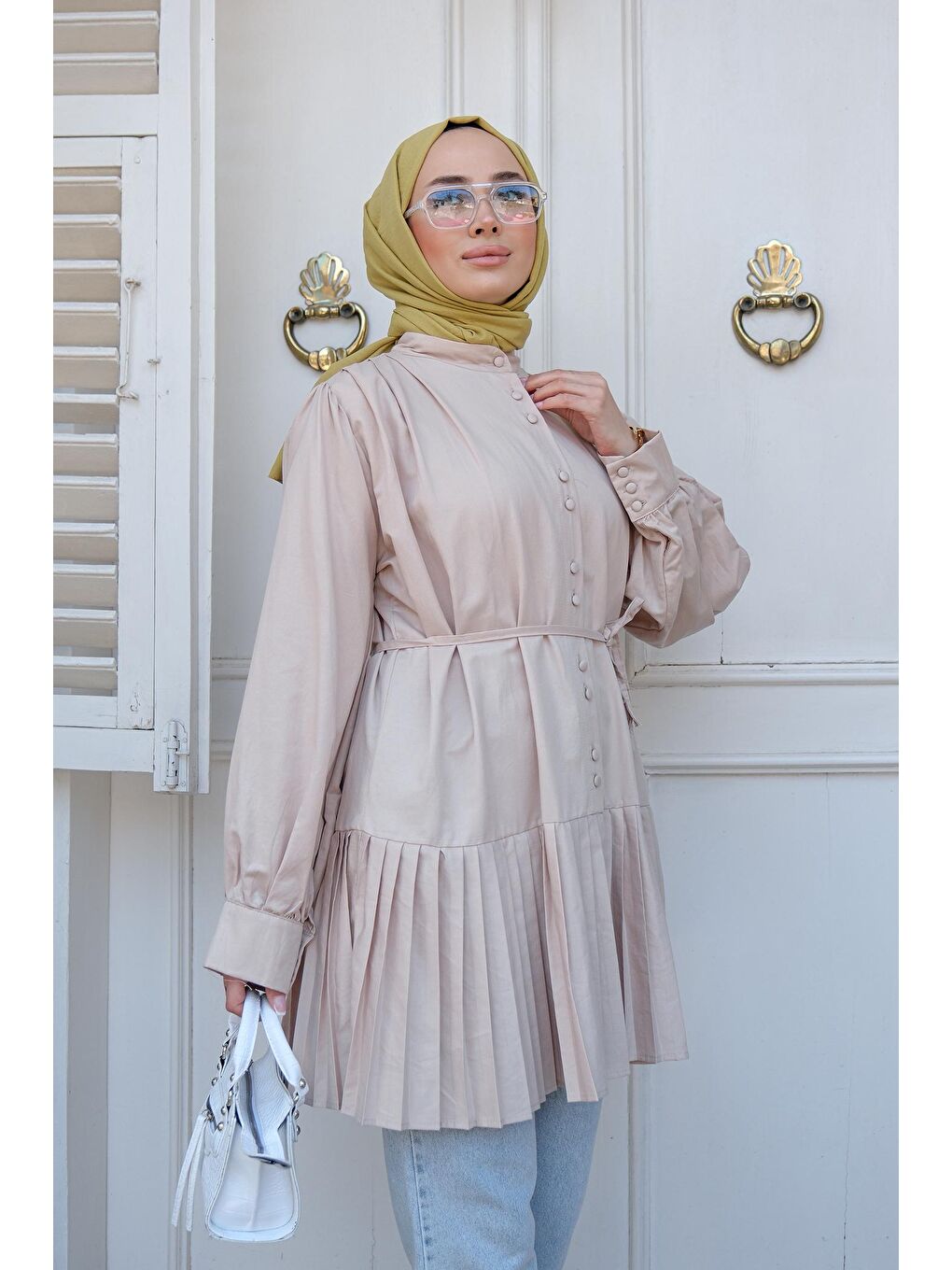 Ekru Kadın Piliseli Tesettür Gömlek Krem-3