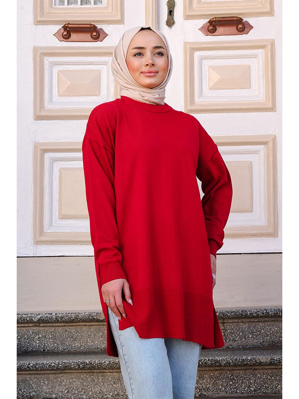 Kadın Triko Tesettür Kazak Kırmızı