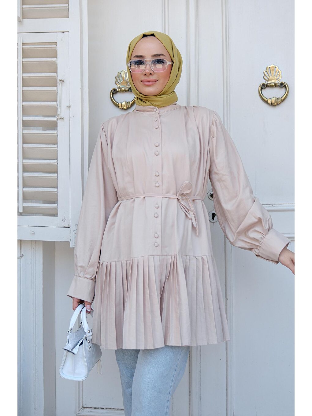 Ekru Kadın Piliseli Tesettür Gömlek Krem-4