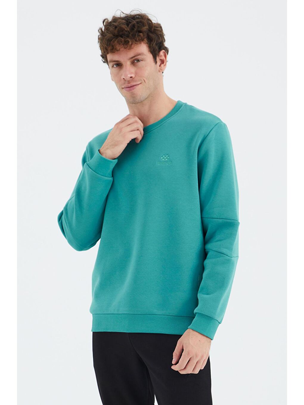 TOMMYLIFE Deniz Yeşili Bisiklet Yaka Kol Şerit Detaylı Basic Rahat Kalıp Erkek Sweatshirt - 88293 - 4