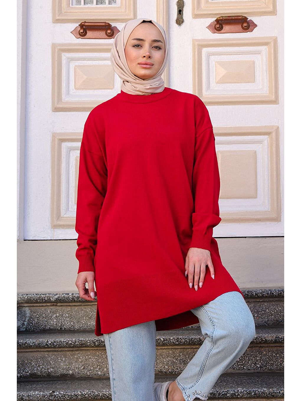 Kadın Triko Tesettür Kazak Kırmızı-1