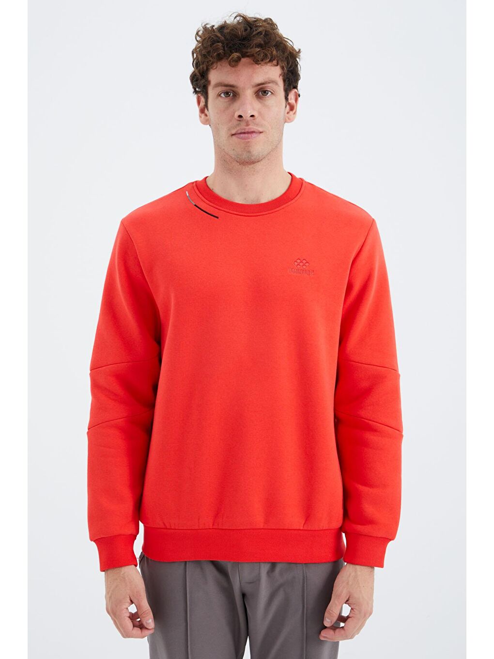 TOMMYLIFE Kırmızı Fiesta Bisiklet Yaka Kol Şerit Detaylı Basic Rahat Kalıp Erkek Sweatshirt - 88293