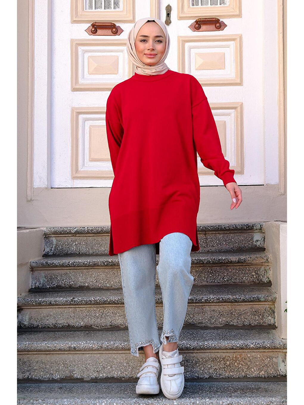 Kadın Triko Tesettür Kazak Kırmızı-2