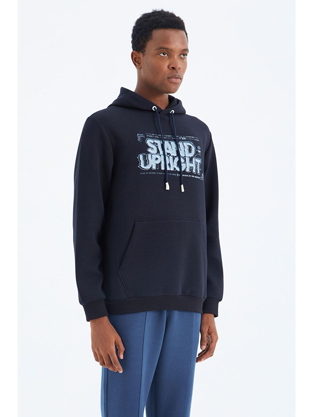 TOMMYLIFE Lacivert Kapüşonlu Bağcıklı Baskı Detaylı Rahat Kalıp Erkek Sweatshirt - 88286 - 4