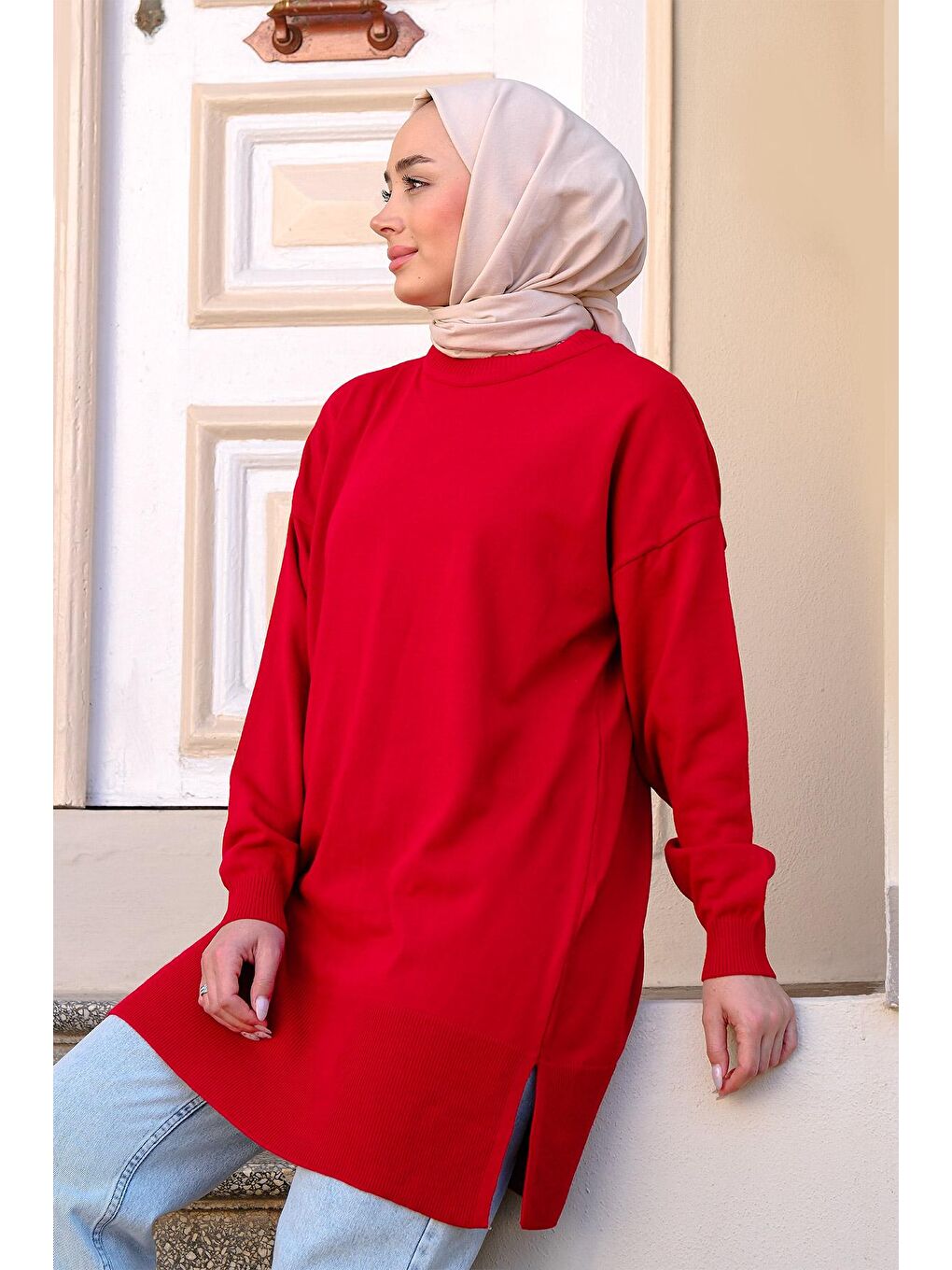 Kadın Triko Tesettür Kazak Kırmızı-3