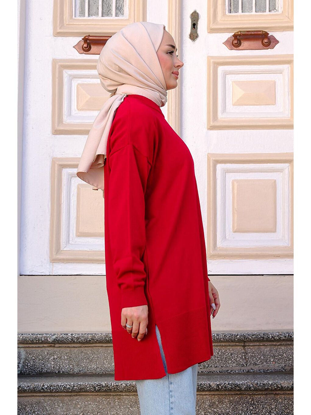 Kadın Triko Tesettür Kazak Kırmızı-4