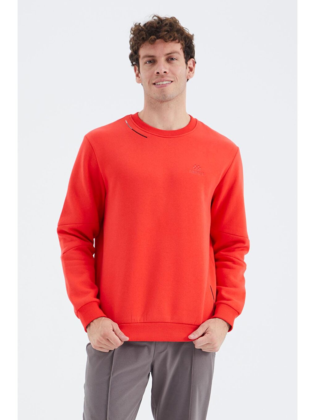 TOMMYLIFE Kırmızı Fiesta Bisiklet Yaka Kol Şerit Detaylı Basic Rahat Kalıp Erkek Sweatshirt - 88293 - 4