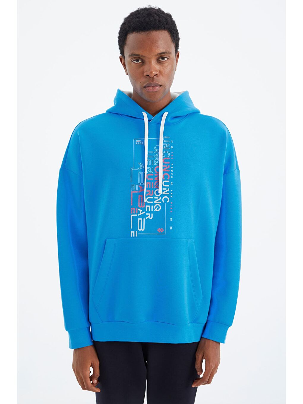 Mavi Saks Kapüşonlu Baskı Detaylı Rahat Kalıp Erkek Sweatshirt - 88285