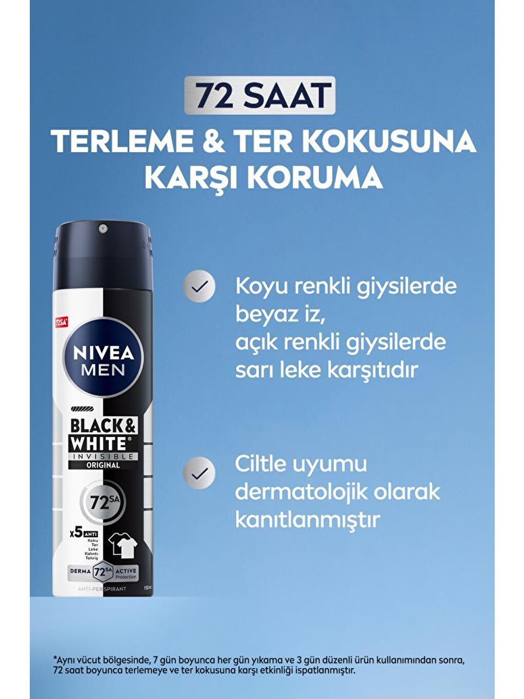 NIVEA Şeffaf MEN Erkek Sprey Deodorant Black&White Invisible Original 150ml, 72 Saat Anti-perspirant Ter Koruması