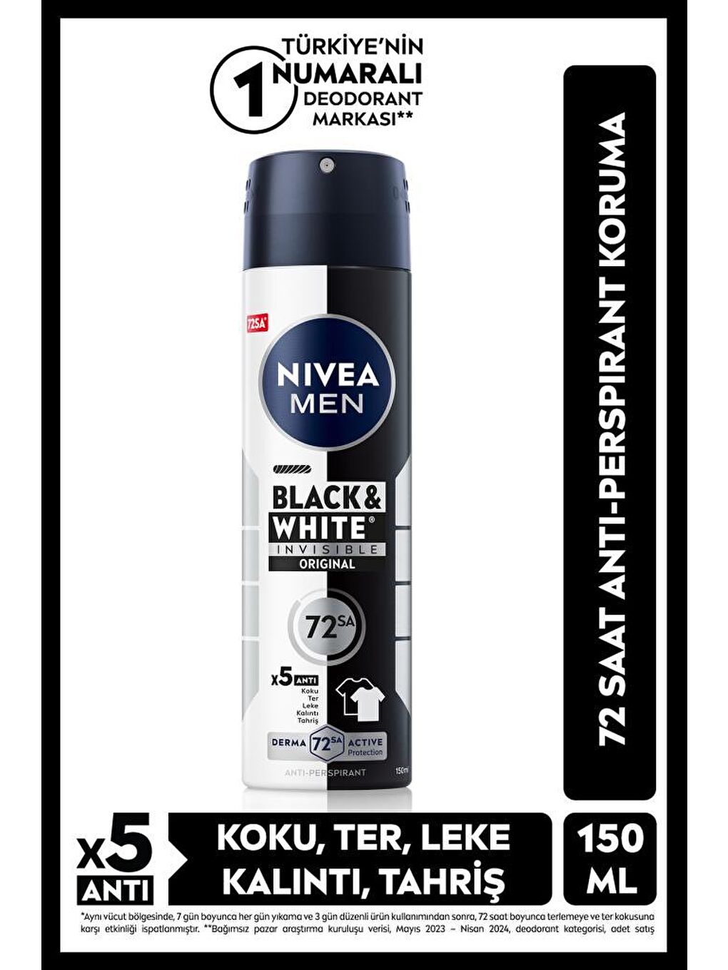 NIVEA Şeffaf MEN Erkek Sprey Deodorant Black&White Invisible Original 150ml, 72 Saat Anti-perspirant Ter Koruması - 1