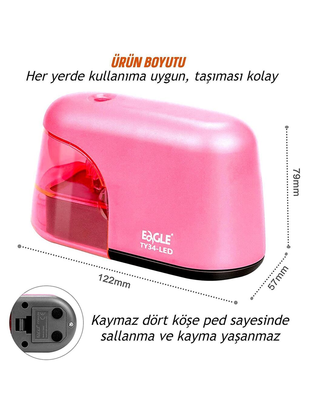 Eagle Pembe Led Işıklı Otomatik Kalemtıraş (TY34-LED) Pembe + AA Pil - 2