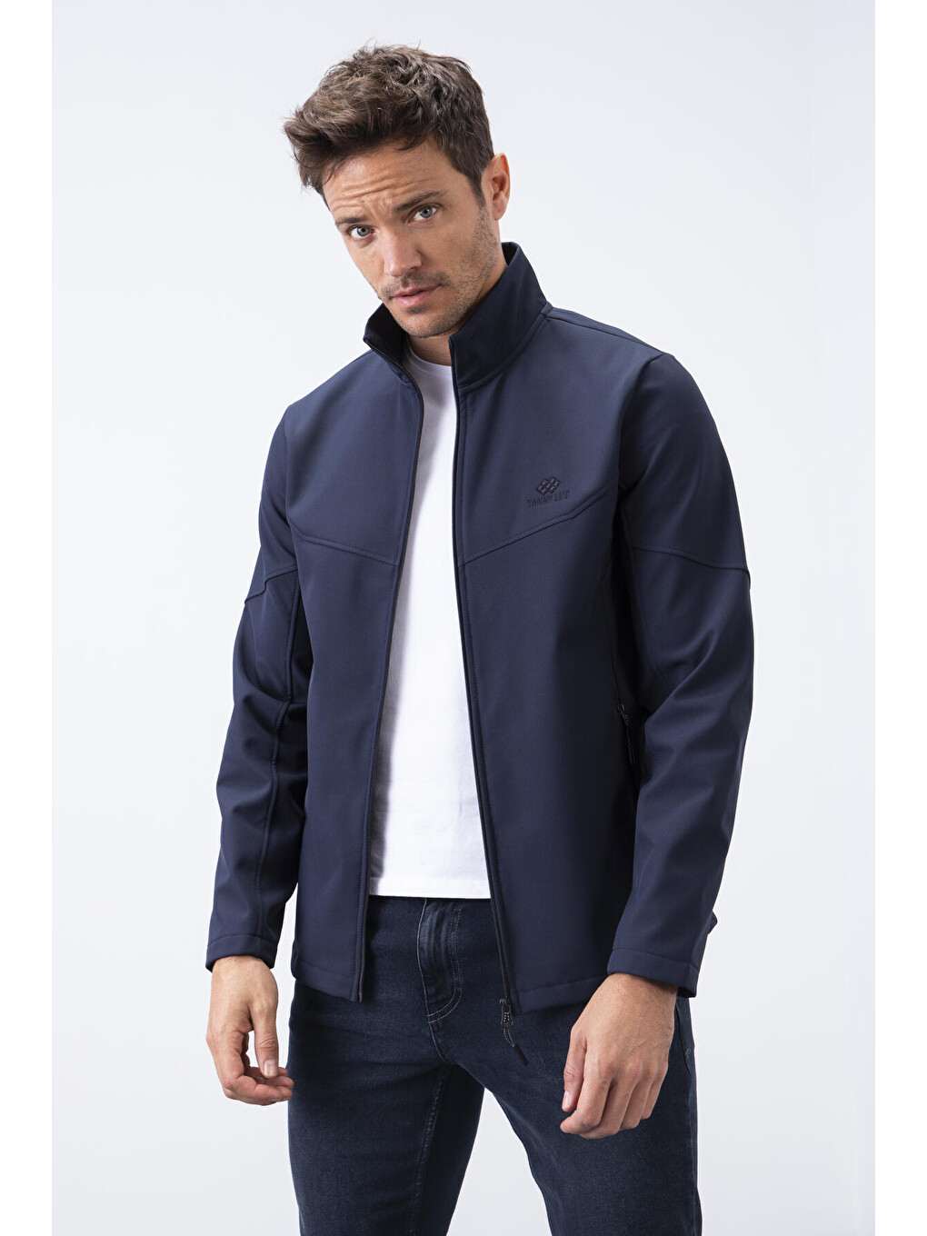 Lacivert Fermuarlı Dik Yaka Su ve Rüzgar Geçirmez Softshell Erkek Ceket- 88050-2