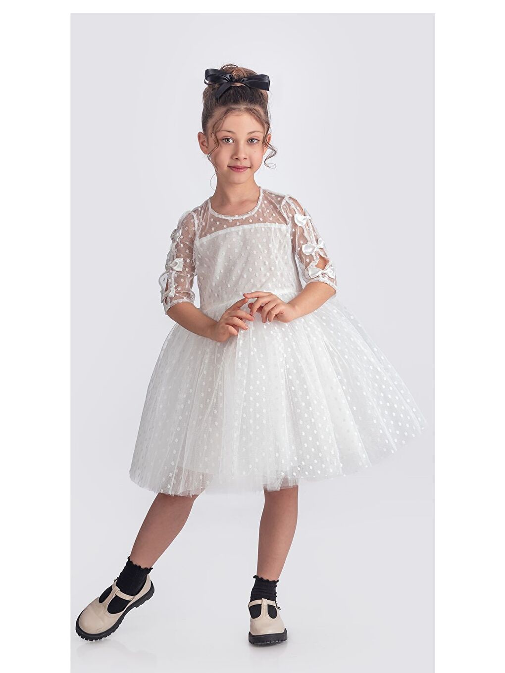 Beyaz Dantel Puanlı, Uzun Kol Prenses Kız Çocuk Elbise M00707-6