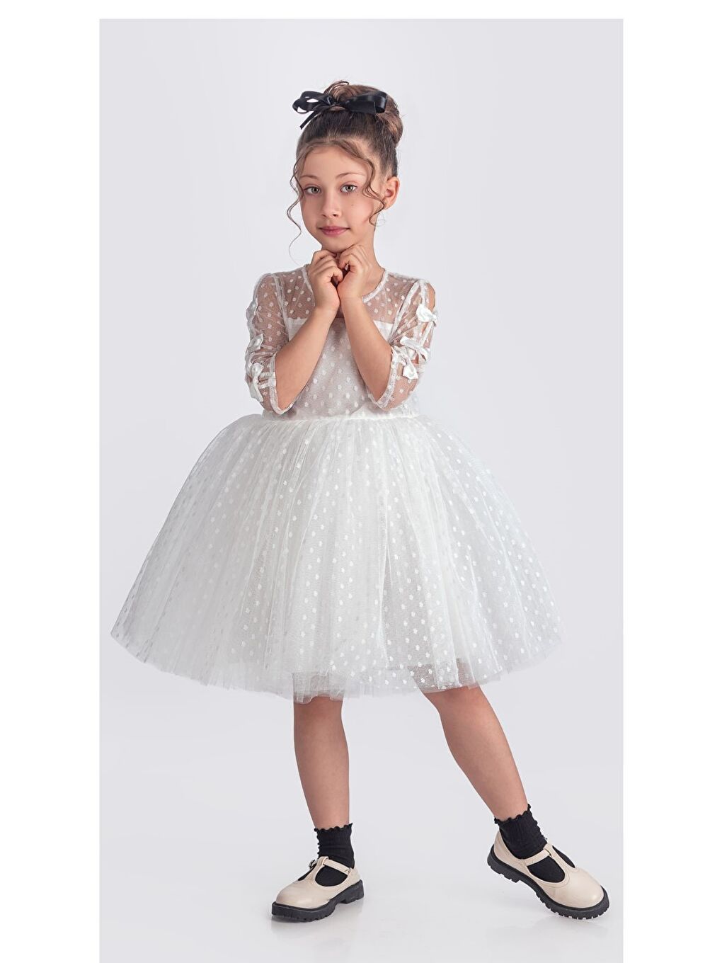 Beyaz Dantel Puanlı, Uzun Kol Prenses Kız Çocuk Elbise M00707-8