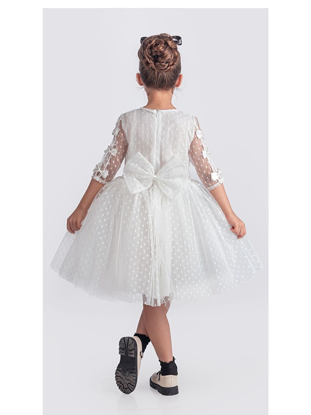Beyaz Dantel Puanlı, Uzun Kol Prenses Kız Çocuk Elbise M00707-9
