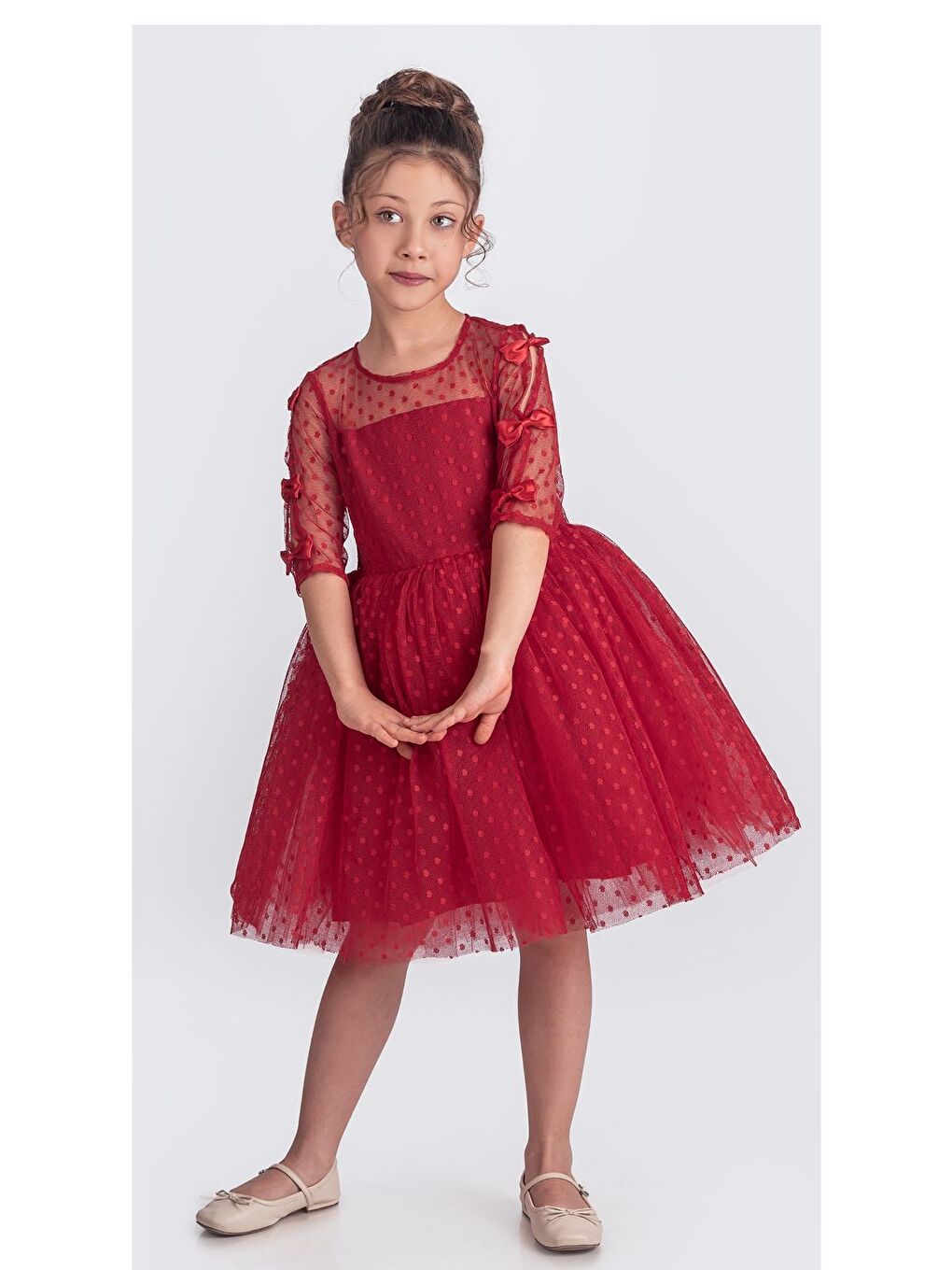 Kırmızı Dantel Puanlı, Uzun Kol Prenses Kız Çocuk Elbise M00707-8