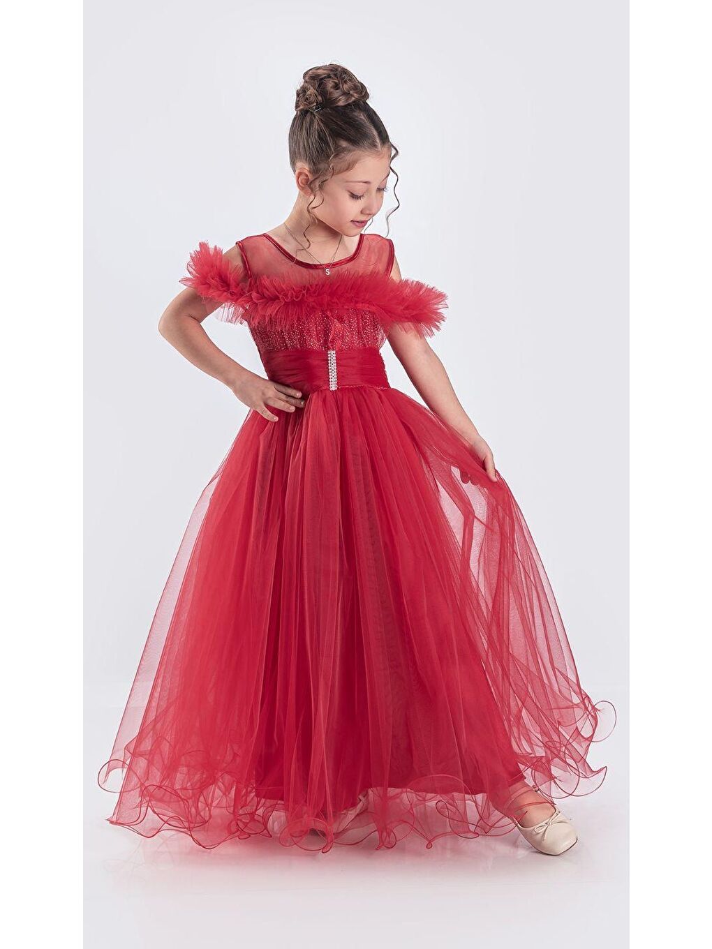 Kırmızı Uzun Etek Kız Çocuk Robası Şifon Abiye M00723-1
