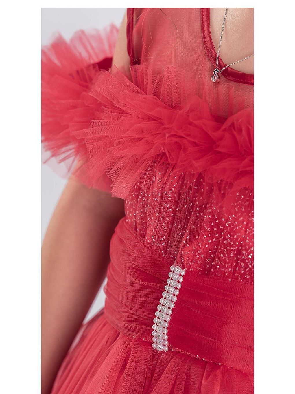 Kırmızı Uzun Etek Kız Çocuk Robası Şifon Abiye M00723-8