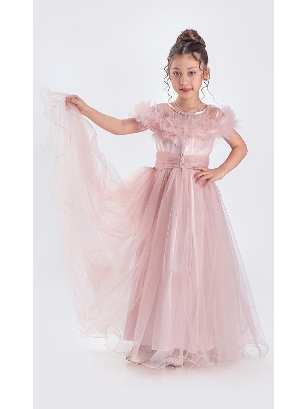 Pembe Uzun Etek Kız Çocuk Robası Şifon Abiye M00723-8