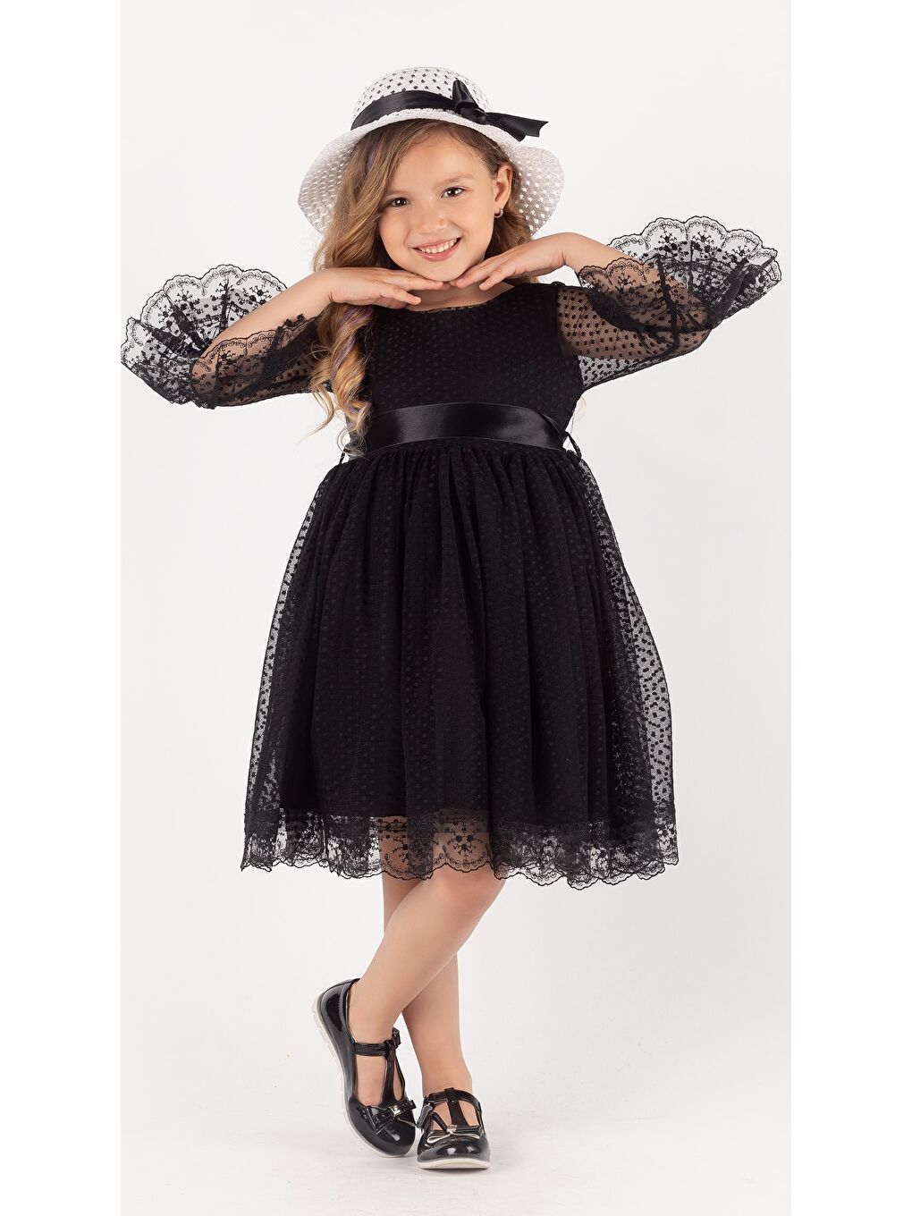 Siyah Double Şapka Fiyonk Puantiyeli Dönem Elbise-6