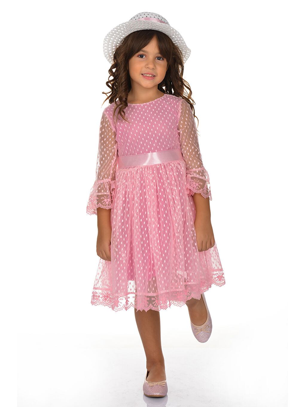 Pembe Double Şapka Fiyonk Puantiyeli Dönem Elbise-2