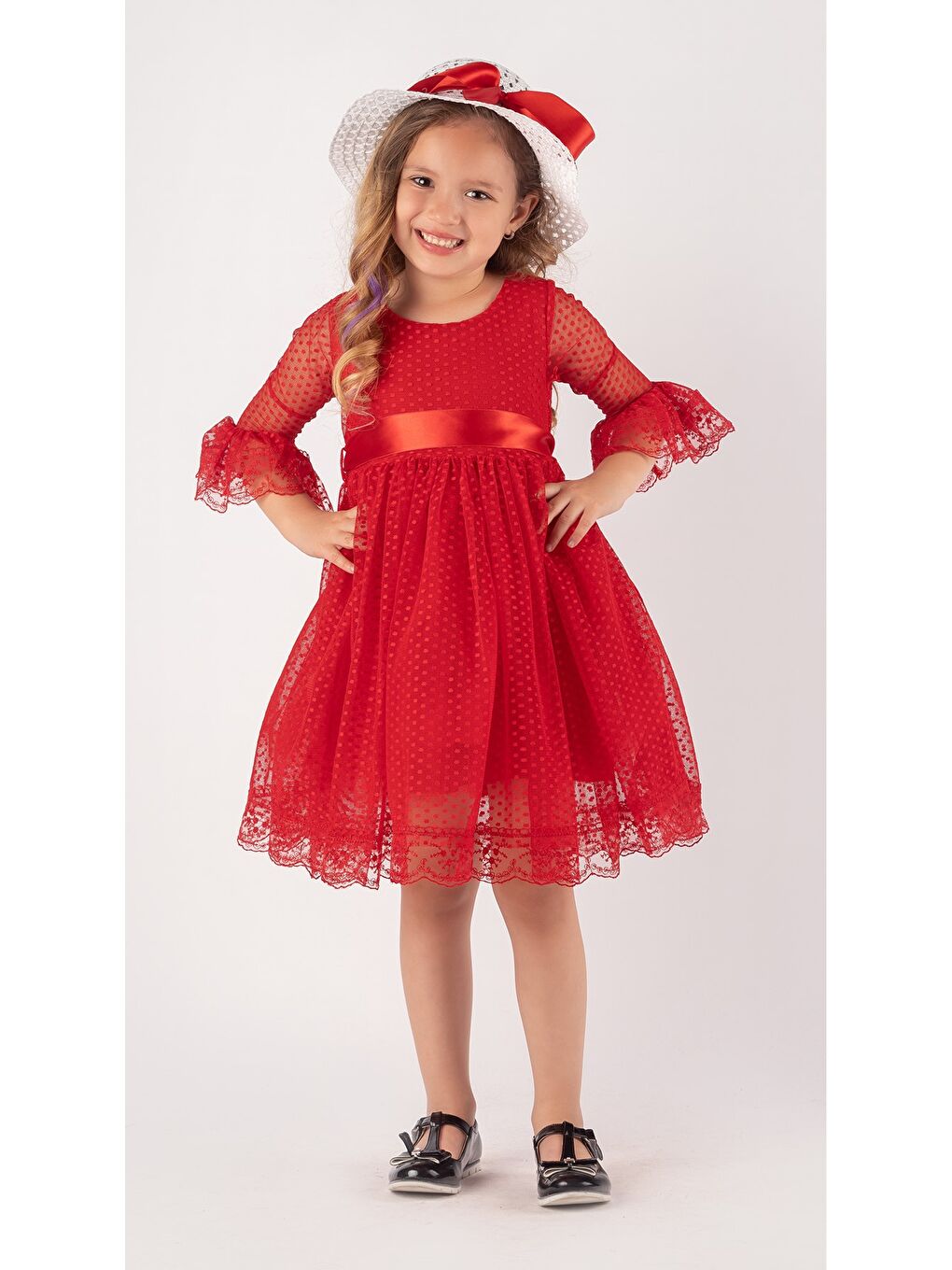 Kırmızı Double Şapka Fiyonk Puantiyeli Dönem Elbise-2