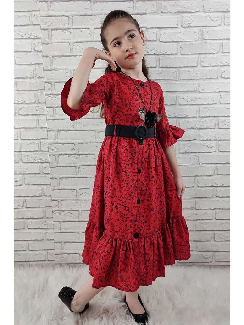 Kırmızı Vintage Basma Kız Çocuk Elbise MNK0299-2