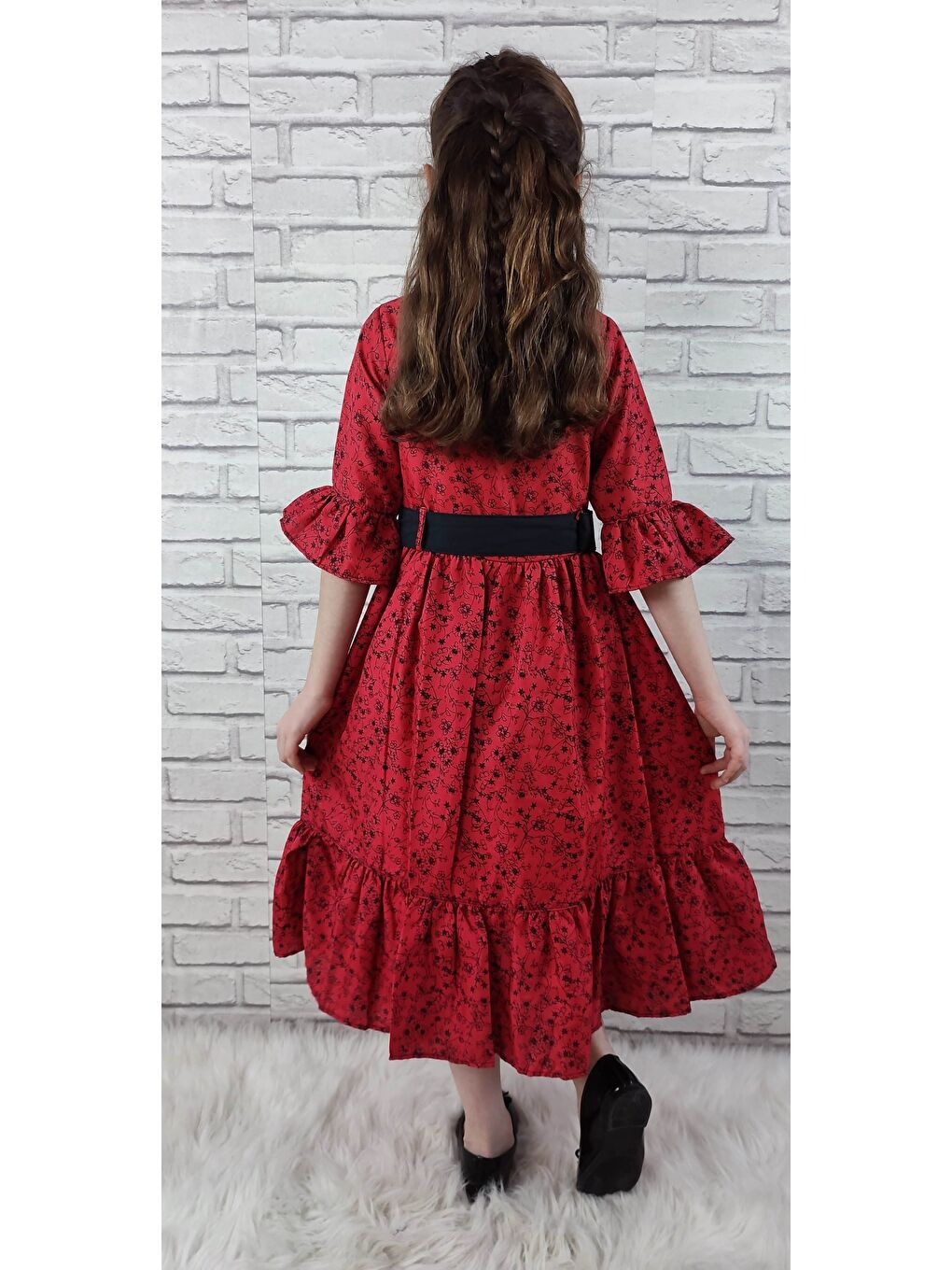 Kırmızı Vintage Basma Kız Çocuk Elbise MNK0299-8