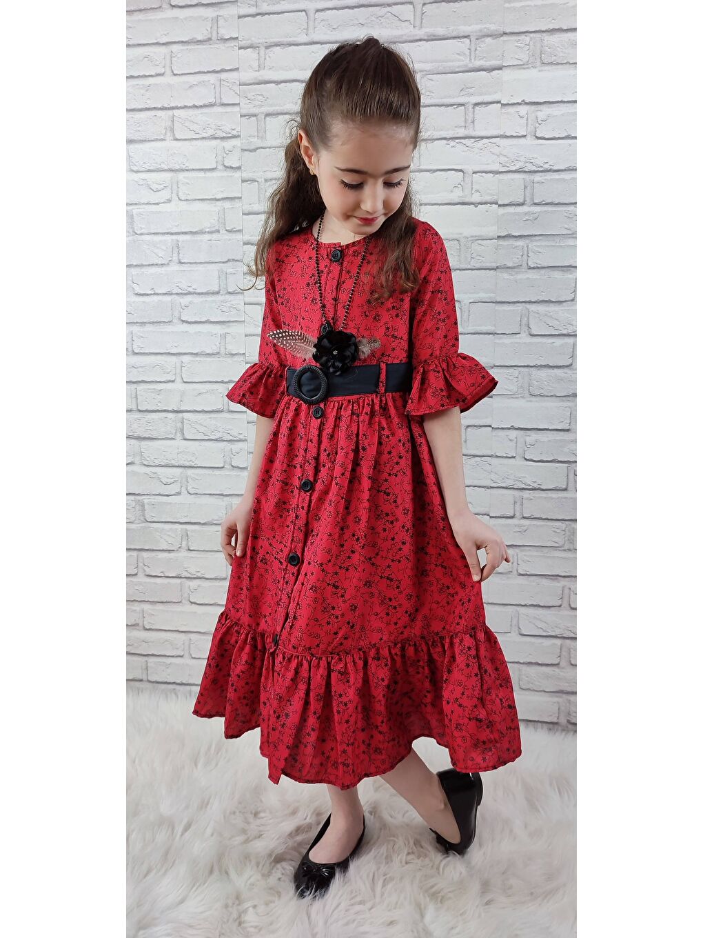 Kırmızı Vintage Basma Kız Çocuk Elbise MNK0299-9