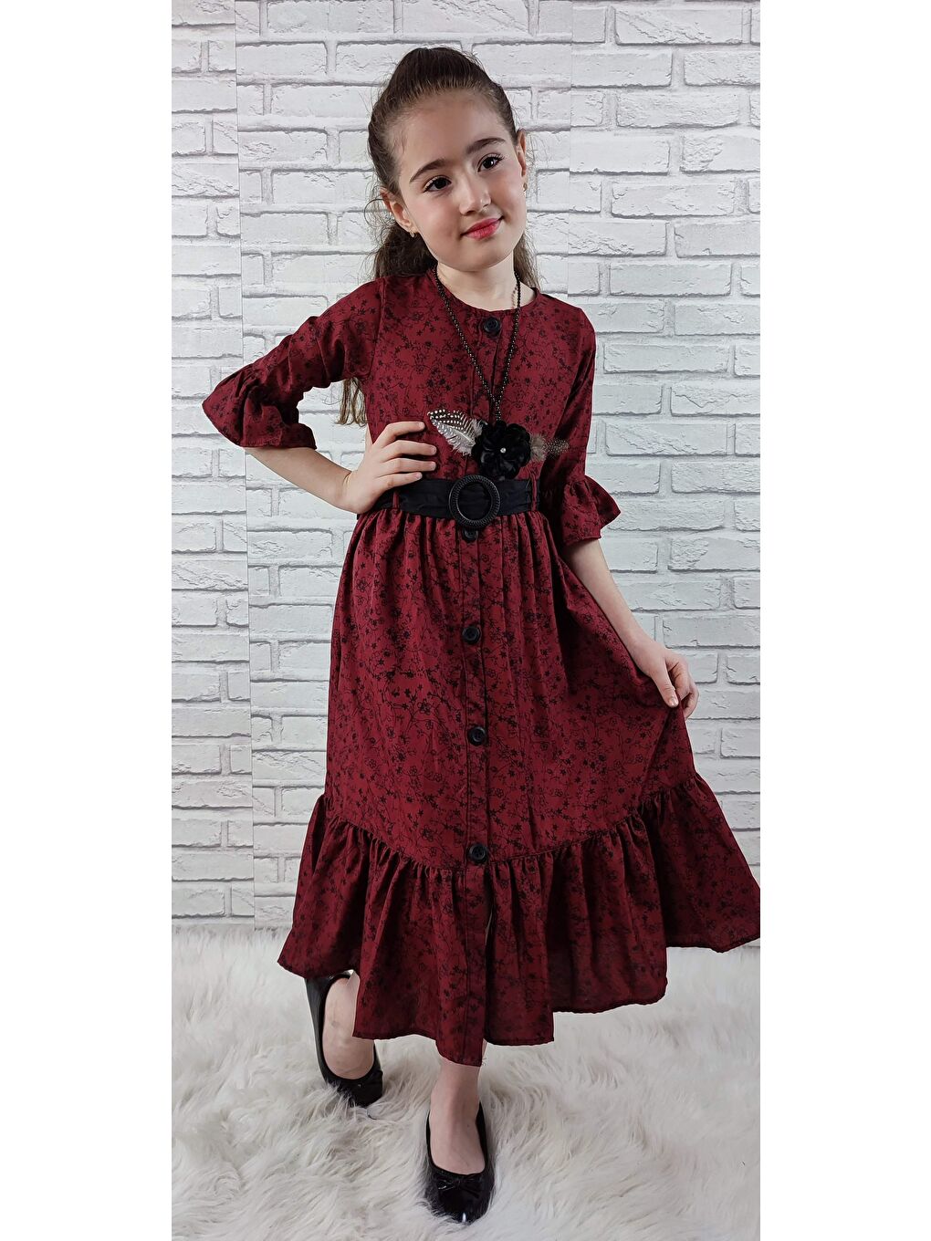 Bordo Vintage Basma Kız Çocuk Elbise MNK0299-3