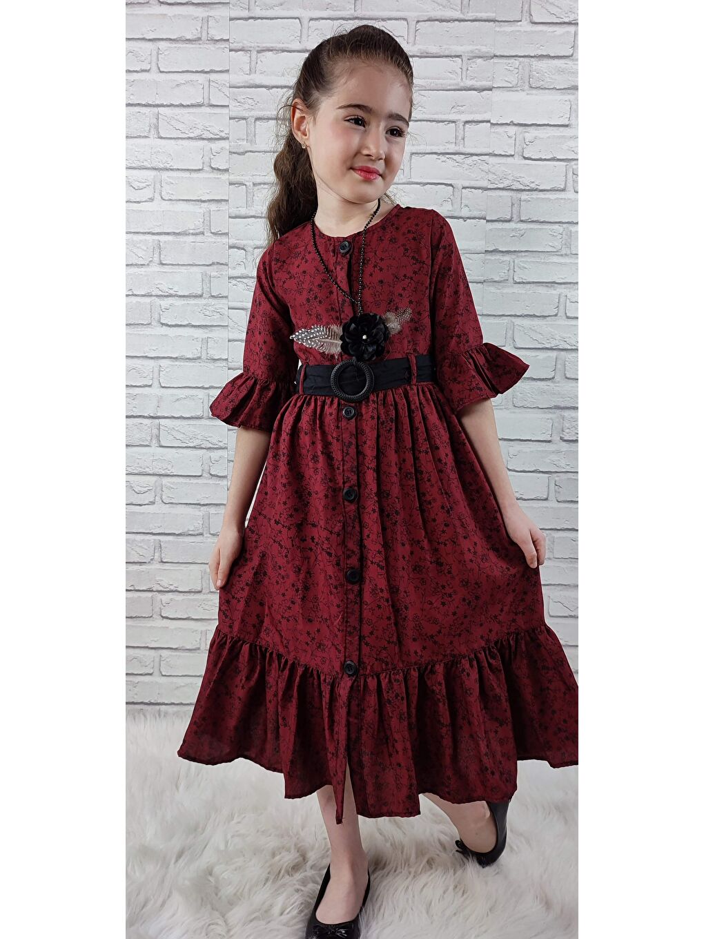 Bordo Vintage Basma Kız Çocuk Elbise MNK0299-5