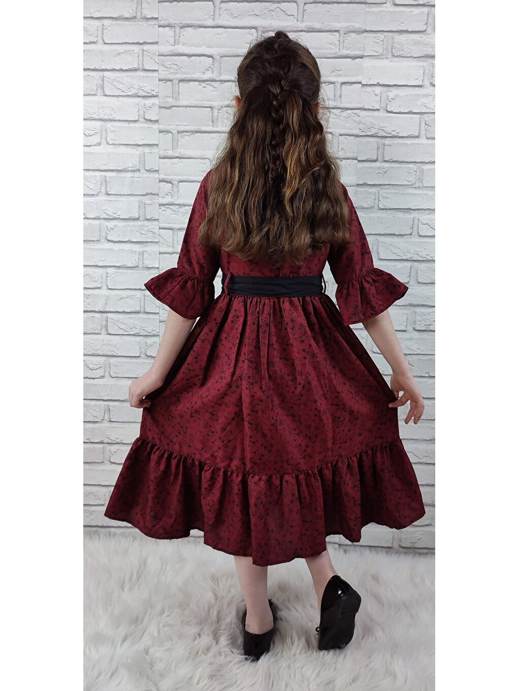 Bordo Vintage Basma Kız Çocuk Elbise MNK0299-8