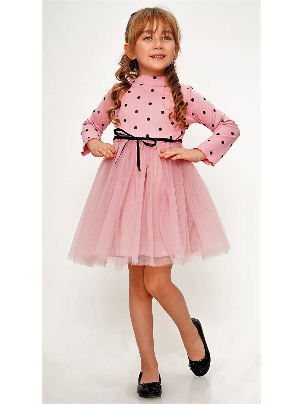 Pembe Kız Puantiyeli Tütülü Günlük Elbise MNK0416-9