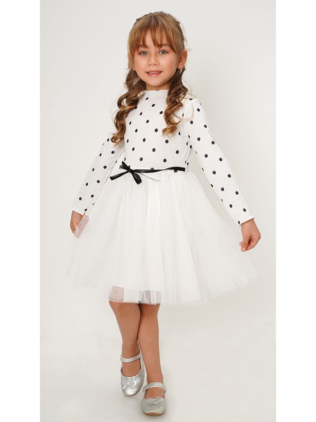 Beyaz Kız Puantiyeli Tütülü Günlük Elbise MNK0416-9