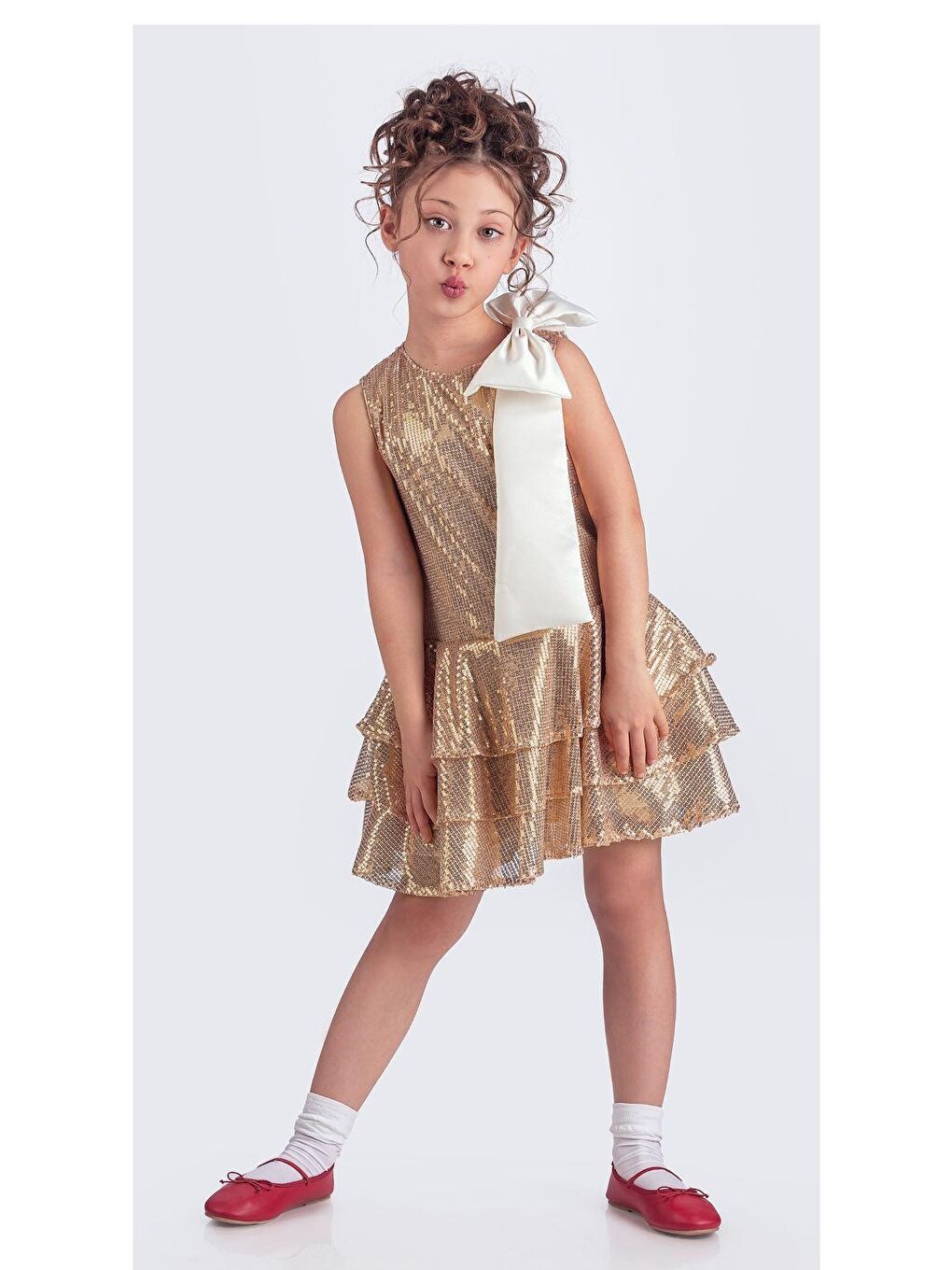 Sarı Yaka Fiyonk Pul Payet Kumaşlı Kız Çocuk Abiye Elbise M00702-4