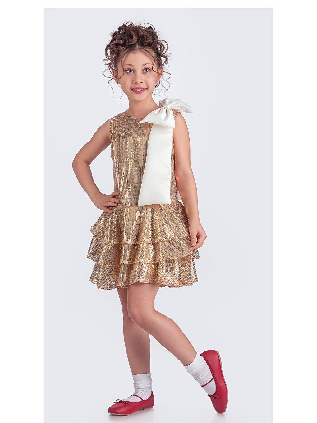 Sarı Yaka Fiyonk Pul Payet Kumaşlı Kız Çocuk Abiye Elbise M00702-7