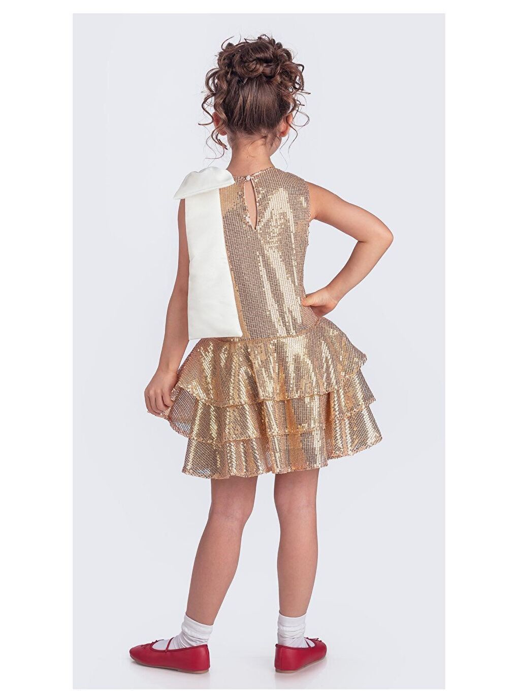 Sarı Yaka Fiyonk Pul Payet Kumaşlı Kız Çocuk Abiye Elbise M00702-8