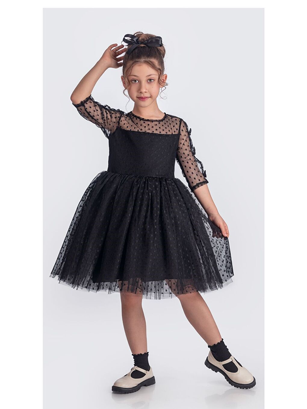 Siyah Dantel Puanlı, Uzun Kol Prenses Kız Çocuk Elbise M00707